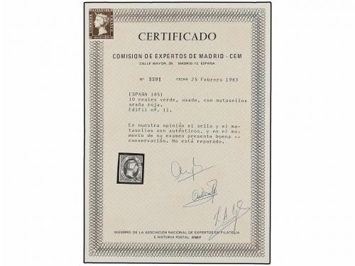 ° ESPAÑA. Ed. 11. 10 reales verde, mat. ARAÑA ROJA. MAGNÍFIC