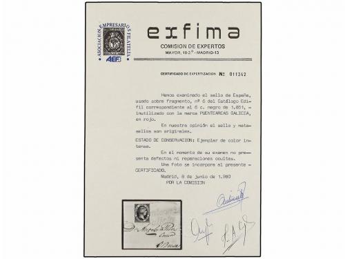 ¿ ESPAÑA. Ed. 6. 6 cuartos negro sobre pequeño fragmento, ma