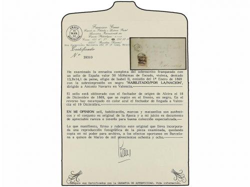 ✉ ESPAÑA. Ed. 98. 1869. ALCIRA a VALENCIA. 50 mils. violeta 