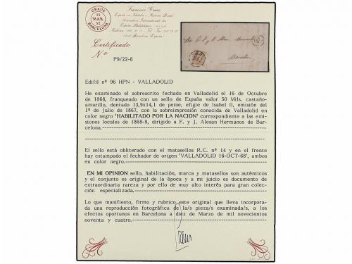 ✉ ESPAÑA. Ed. 96. 1868 (16 Octubre). VALLADOLID a BARCELONA.