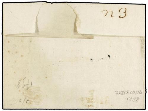 ¿ ESPAÑA: PREFILATELIA. 1758. BARCELONA a FRANCIA. Marca FRA