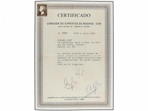 (*) ESPAÑA. Ed. 95 (4). 25 mils. azul y rosa. Bloque de cuat