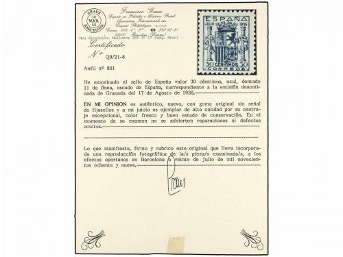 ** ESPAÑA. Ed. 801. 30 cts. azul. Excepcional centraje. LUJO