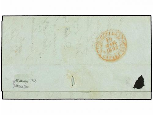 ✉ ESPAÑA: PREFILATELIA. 1853. MARSELLA a BARCELONA. Marca VA