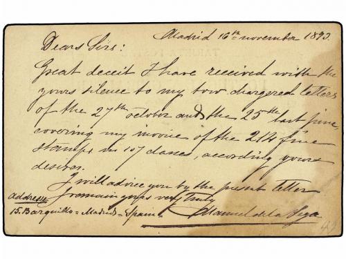 ✉ ESPAÑA ENTEROS POSTALES. 1893. MADRID a U.S.A. Entero Post