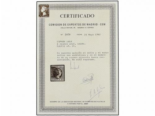 ° ESPAÑA. Ed. 21. 6 reales azul. MAGNÍFICO EJEMPLAR. Cert. C