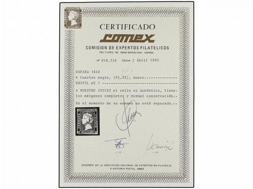 * ESPAÑA. Ed. 1. 6 cuartos negro, pl. I. PIEZA DE LUJO. Cert