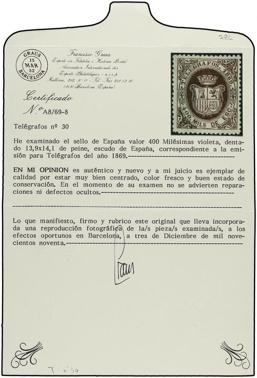 * ESPAÑA: TELEGRAFOS. Ed. T-30. 400 mils. violeta. Excelente