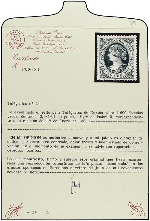 * ESPAÑA: TELEGRAFOS. Ed. T-24. 1 Esc. 600 mils. Excelente c