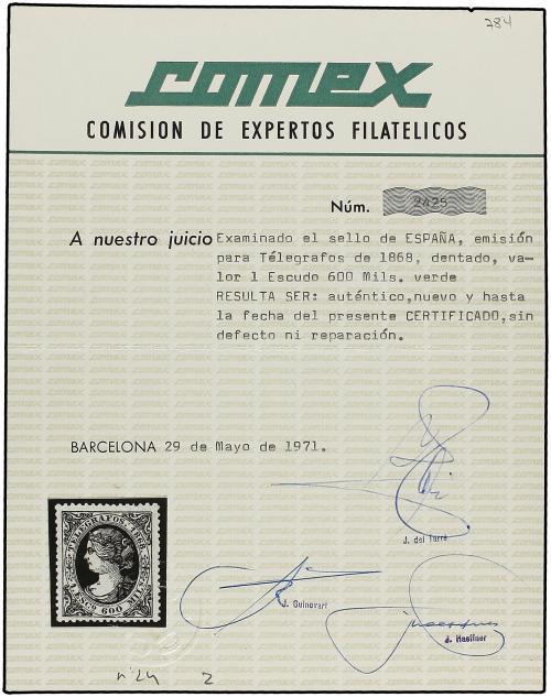 * ESPAÑA: TELEGRAFOS. Ed. T-24. 1 Esc. 600 mils. Excelente c