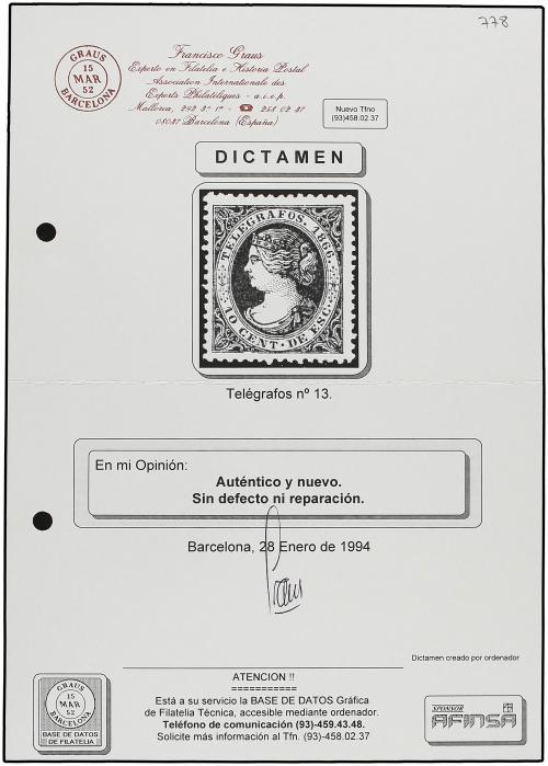 * ESPAÑA: TELEGRAFOS. Ed. T-13. 10 cents. violeta. Excelente
