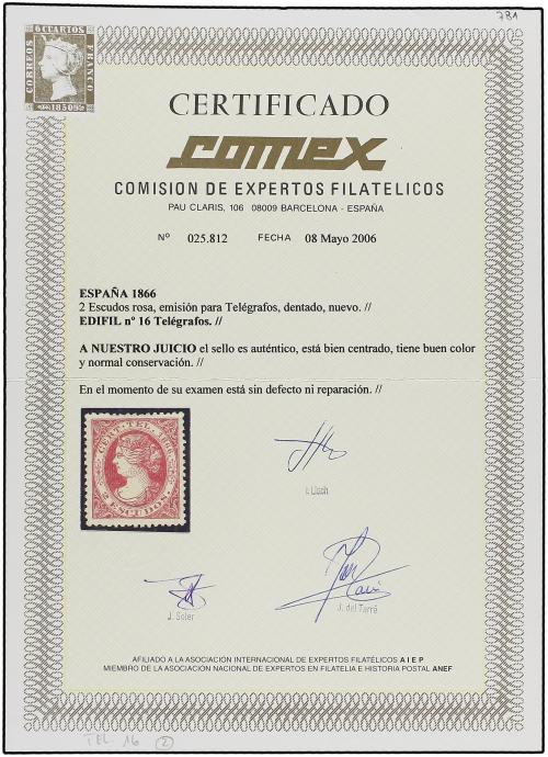 * ESPAÑA: TELEGRAFOS. Ed. 16. 2 Esc. rosa carmín. Excelente 