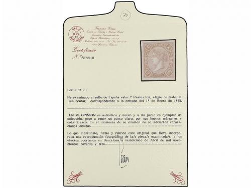 * ESPAÑA. Ed. 73. 2 reales lila. PIEZA DE LUJO. Cert. GRAUS.