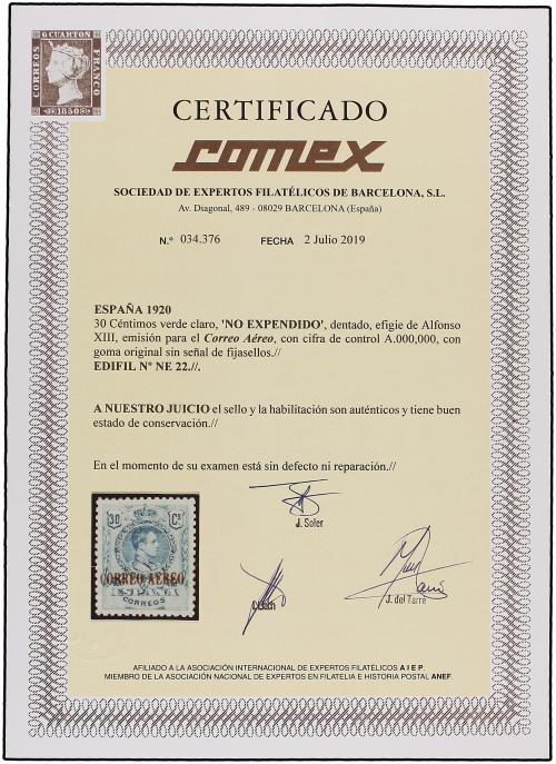 ** ESPAÑA. Ed. NE 22. NO EMITIDO. 30 cts. verde. A.000.000. 