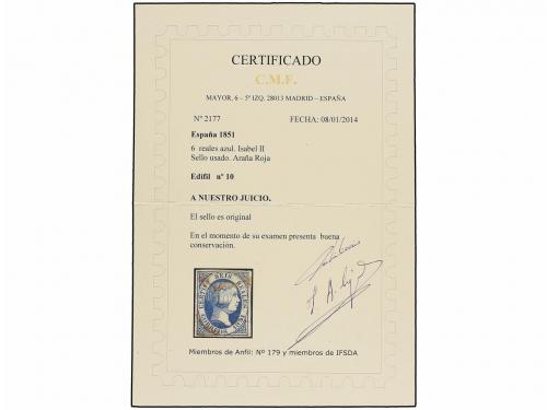 ° ESPAÑA. Ed. 10. 6 reales azul. Mat. ARAÑA ROJA. Muy bonito