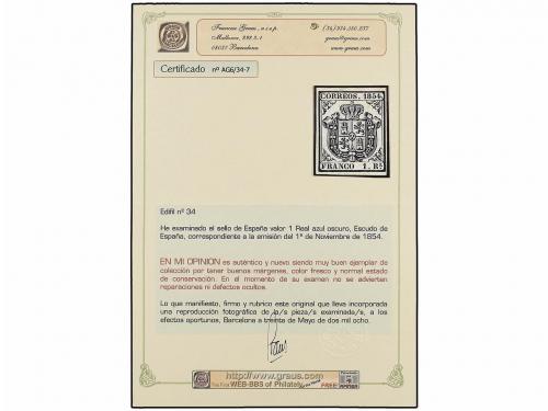 * ESPAÑA. Ed. 34. 1 real azul. PIEZA DE LUJO. Cert. GRAUS. C