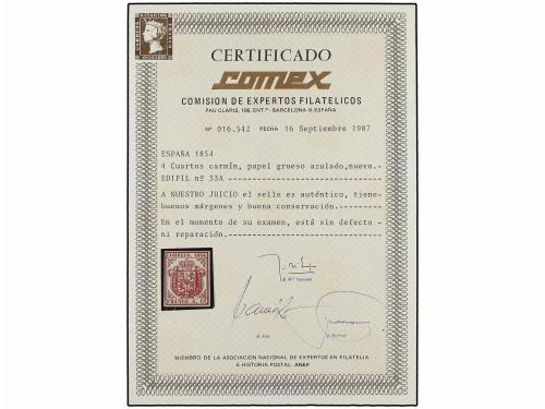 * ESPAÑA. Ed. 33A. 4 cuartos carmín s. papel azulado. PIEZA 