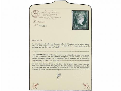 * ESPAÑA. Ed. 39. 2 cuartos verde. PIEZA DE LUJO. Cert. COME