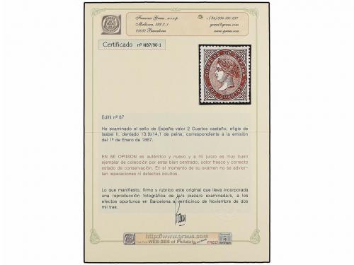 * ESPAÑA. Ed. 87. 2 cuartos castaño amarillo. PIEZA DE LUJO.