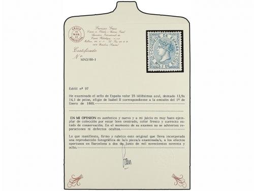 (*) ESPAÑA. Ed. 97. 25 mils. azul. PIEZA DE LUJO. Cert. GRAU