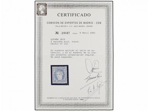 * ESPAÑA. Ed. 112. 2 Escudos azul. Excelente centraje. Cert.