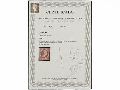 (*) ESPAÑA. Ed. 9. 5 reales rosa. MAGNÍFICO EJEMPLAR. Cert. 