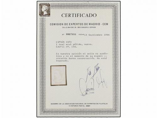 * ESPAÑA. Ed. 156. 1 real azul, tipo I. PIEZA DE LUJO. Cert.