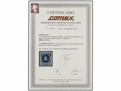 ** ESPAÑA. Ed. 244. 15 cts. azul negro. PIEZA DE LUJO. Cert.
