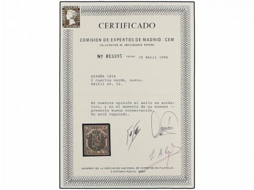 * ESPAÑA. Ed. 32. 2 cuartos verde. PIEZA DE LUJO. Cert. CEM.