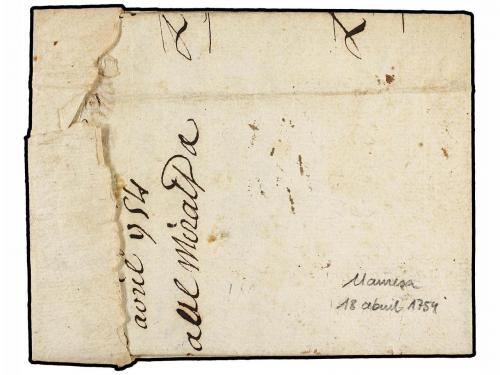 ✉ ESPAÑA: PREFILATELIA. 1754. MANRESA a FRANCIA. Marca linea