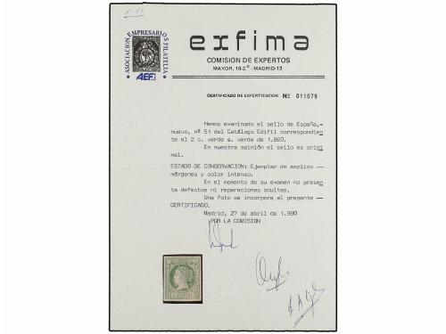 * ESPAÑA. Ed. 51. 2 cuartos verde. PIEZA DE LUJO. Cert. EXFI