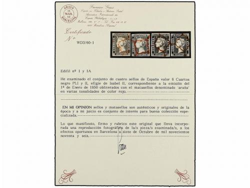 ° ESPAÑA. Ed. 1 y 1A. 6 cuartos negro, pl. I y II. 4 sellos 