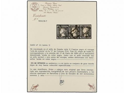 ° ESPAÑA. Ed. 1A. 6 cuartos negro, pl. II tipo 27. Tres sell