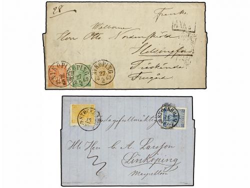 ✉ SUECIA. 1864-1881. Cuatro sobres con franqueos de 12 ore +
