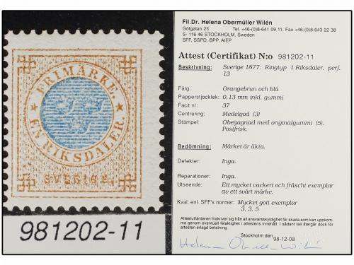 ** SUECIA. Fa. 37. 1877. 1 riksdaler brown and blue. Postfri