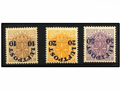 * SUECIA. Fa. 136/38 V1. 1920. Complete set INVERTED SURCHAR