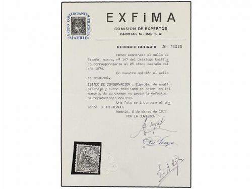 (*) ESPAÑA. Ed. 147. 25 cts. castaño. PIEZA DE LUJO. Cert. E