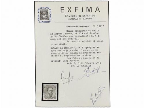 (*) ESPAÑA. Ed. 119. 6 cts. azul. PIEZA DE LUJO. Cert. EXFIM