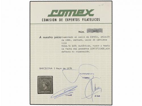 * ESPAÑA. Ed. 85. 20 cts. violeta. PIEZA DE LUJO. Cert. COME