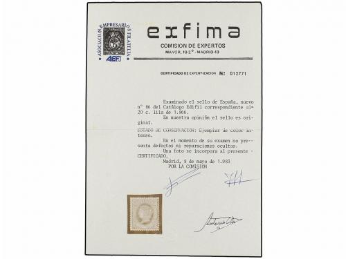 (*) ESPAÑA. Ed. 86. 20 cts. lila. Buen centraje para la emis