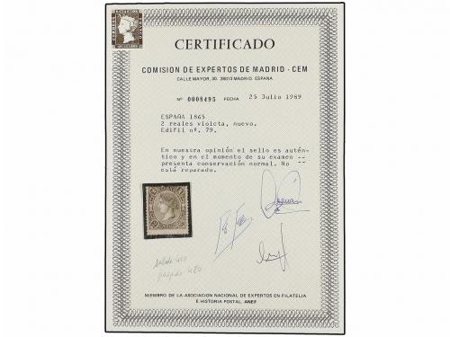 * ESPAÑA. Ed. 79. 2 reales lila. Centraje habitual de la emi