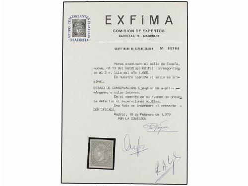 ** ESPAÑA. Ed. 73. 2 reales lila. PIEZA DE LUJO. Cert. EXFIM