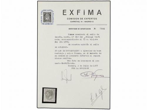 * ESPAÑA. Ed. 212. 75 cts. gris. PIEZA DE LUJO. Cert. EXFIMA