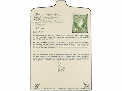 * ESPAÑA. Ed. 47. 2 cuartos verde. MAGNÍFICO EJEMPLAR. Cert.