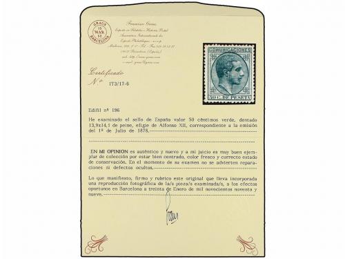 * ESPAÑA. Ed. 196. 50 cts. verde. PIEZA DE LUJO. Cert. GRAUS