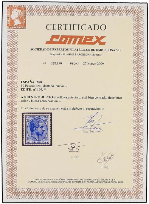 * ESPAÑA. Ed. 199. 10 pts. azul. Color intenso. PIEZA DE LUJ