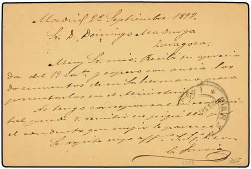 ✉ ESPAÑA. Ed. 217. 1899. MADRID a ZARAGOZA. 10 cts. castaño 