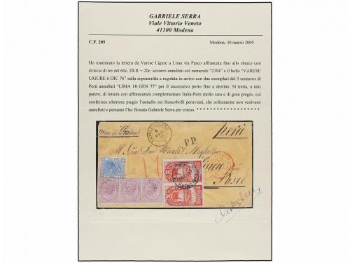 ✉ ITALIA. 1876. VARESE to LIMA. 20 cts. blue and 60 cts. lil