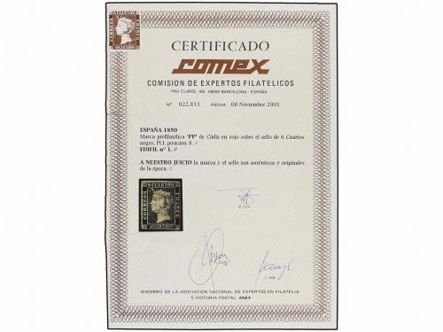 ° ESPAÑA. Ed. 1. 6 cuartos negro, mat. P.P. de CÁDIZ en rojo