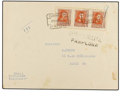 ✉ ESPAÑA GUERRA CIVIL. 1938. PAMPOLNA a PARÍS. 30 cts. rojo 